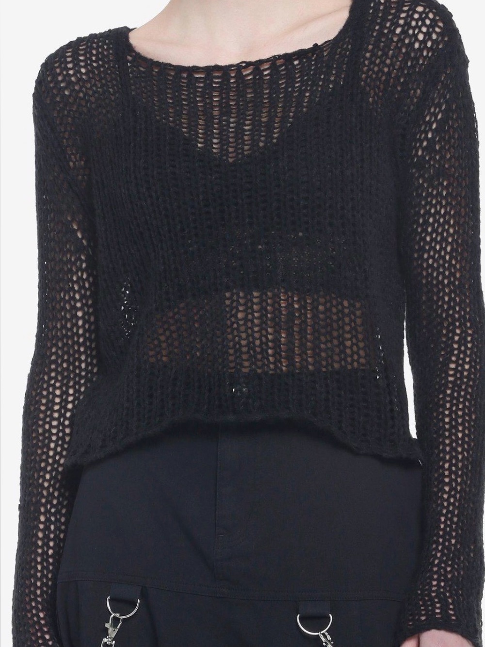 Black Open Knit Crochet Microfiber Sweater - Size M Semi Sheer Pullover
